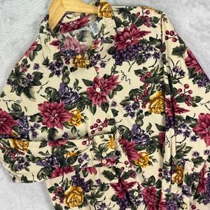 Vtg Cabin Creek Womens Floral Corduroy Button Shirt Cream Red Yellow Purple Sz L